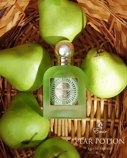 Pear Potion perfume with fruity top notes of pear and apple, jasmine caramel heart, and raspberry musk base